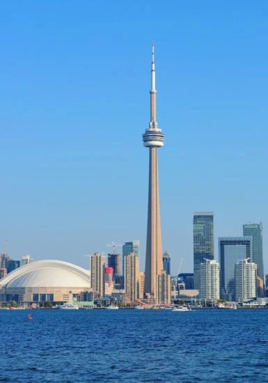 Toronto skyline panorama over lake with urban architecture