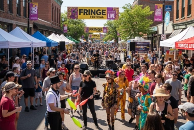 Crowded Edmonton Fringe Festival street scene