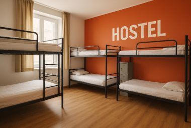 Modern hostel bunk bed room