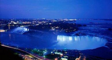 Helicopter view of niagara water fall at night