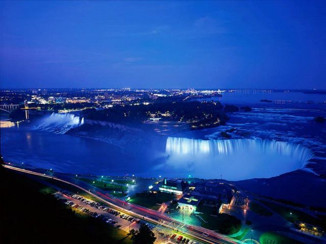 Helicopter view of niagara water fall at night